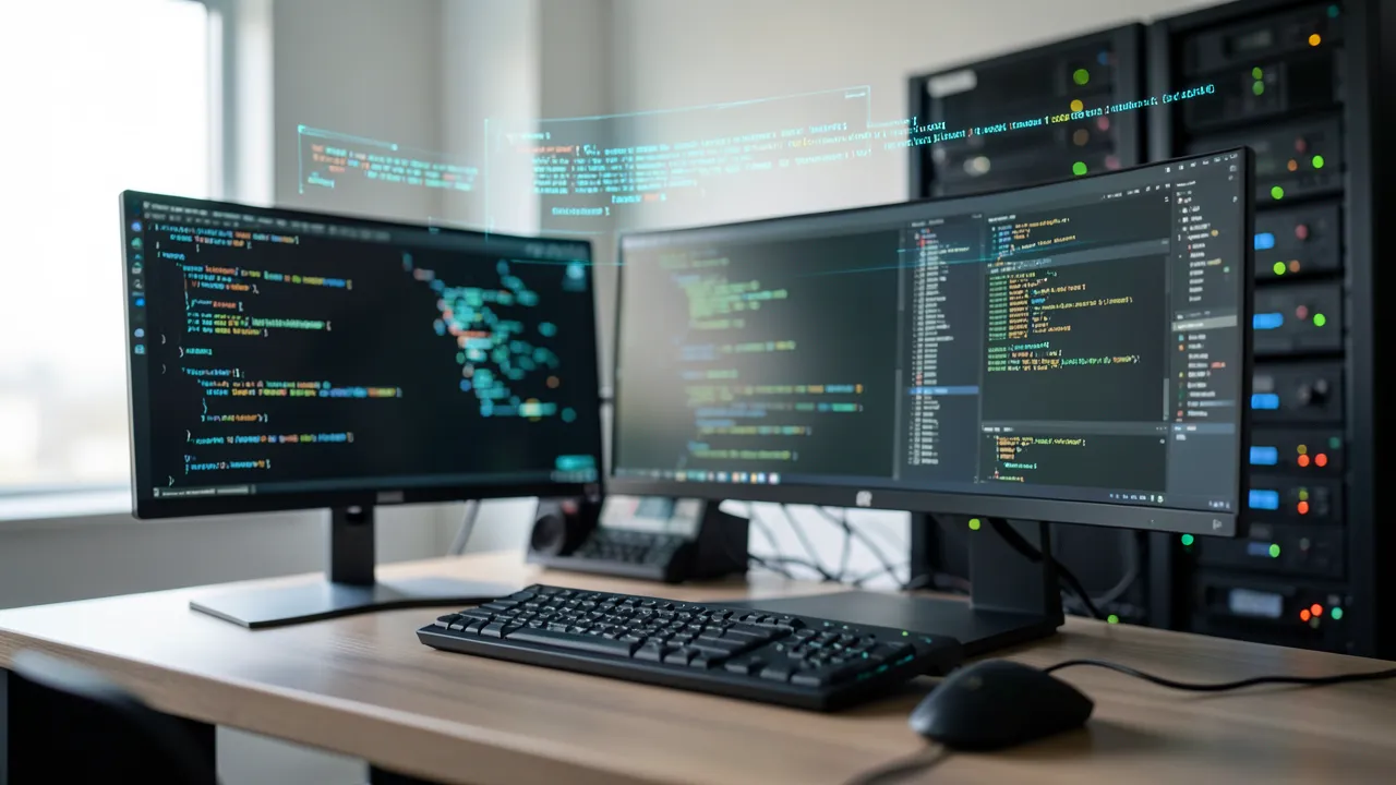 Ein moderner Entwicklerarbeitsplatz mit mehreren Monitoren und abstrakten Code-Anzeigen; holografische Code-Elemente schweben über dem Schreibtisch, im Hintergrund sind dezente Serverracks zu erkennen.